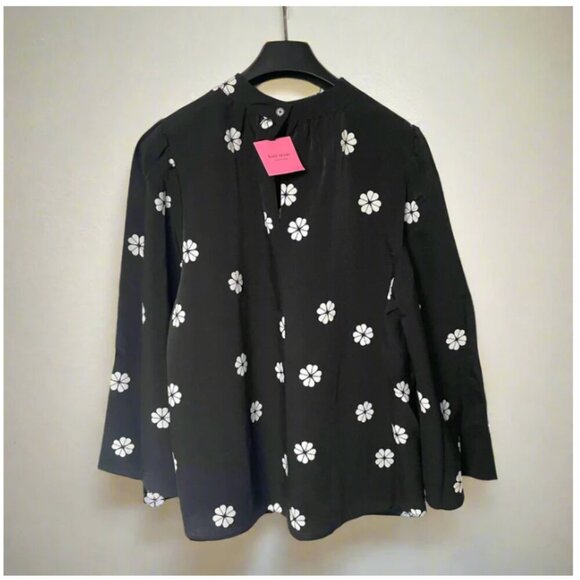Kate Spade Blouse Womens Black Mock Neck Floral Puff Bell Sleeve Crepe Top - Picture 3 of 8
